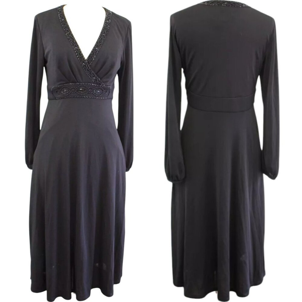 Talbots Long-Sleeved Midi Crossover Top Dress with Jet Bead Accents - Black - 6